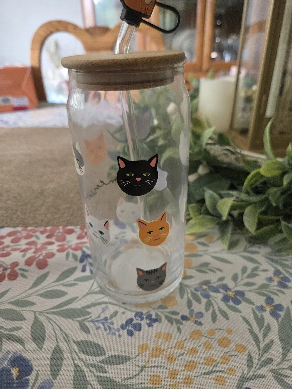 Glass Cat Face Water Bottle with Bamboo Lid and Straw - Multicolor